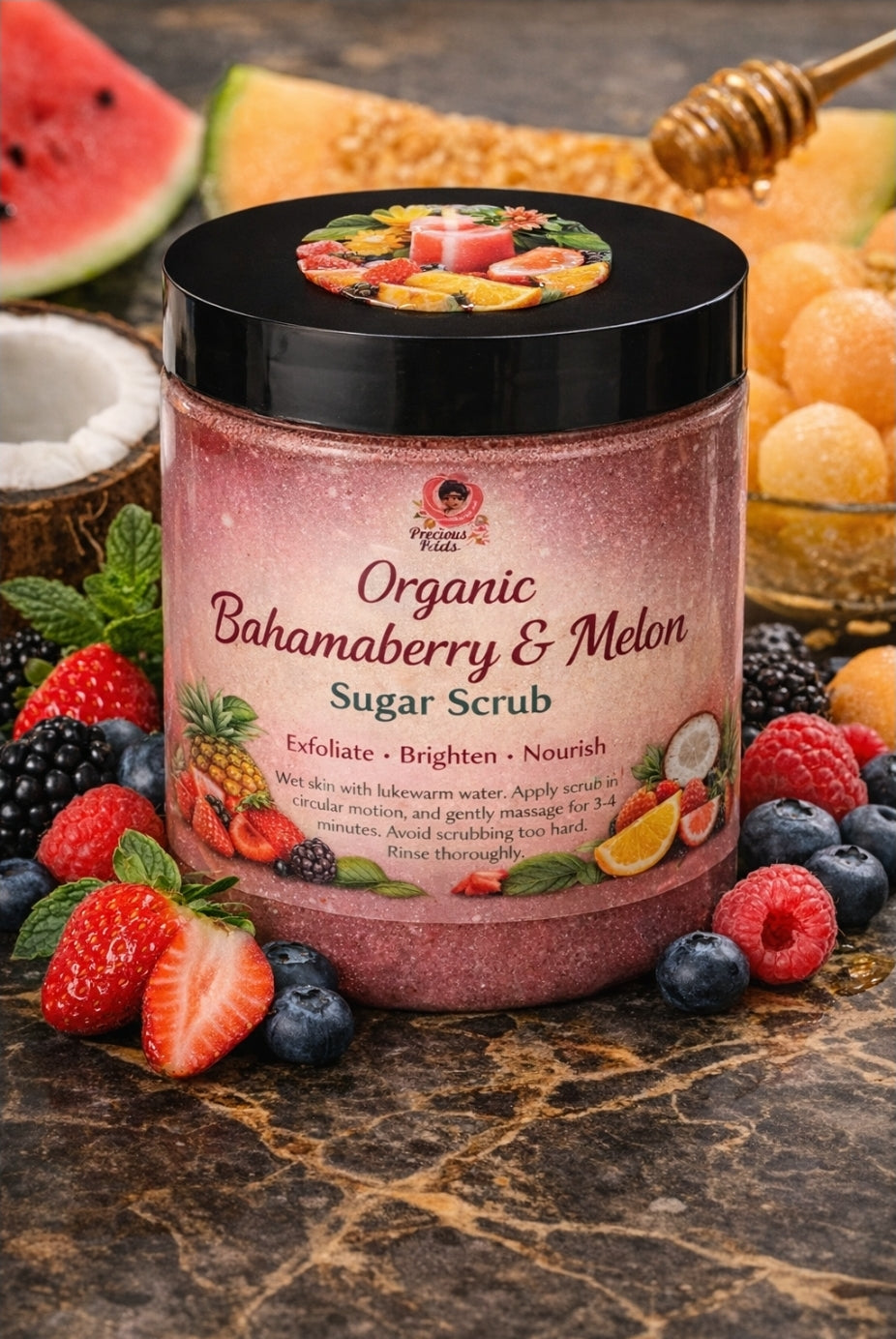 Sugar Scrub●Exotic Pineapple Coconut 8 oz, Exotic Peach Smoothie 8 oz, Juicy Watermelon 8 oz, Oatmeal Sugar Scrub 12 oz, Bahamama Berry 8 oz , Passion Fruit 8 oz, Cucumber Melon 8 oz, Cotton Candy 8 oz, Mango 8 oz, Baby Powder 8 oz
