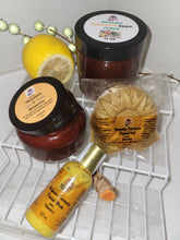 Load image into Gallery viewer, Skin***1.) Organic Turmeric Face Mask w/ (2) Sponges Included 2.) Organic Turmeric Facial Bar 3.) Organic Shea Butter (Face &amp; Body) Moisturizer 4.) Organic Turmeric Body Scrub 5.) Organic Turmeric Set
